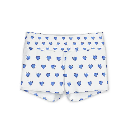 Yoga Shorts - Blue Heart Patterned Women's Athletic Shorts ('darling' Waistband)
