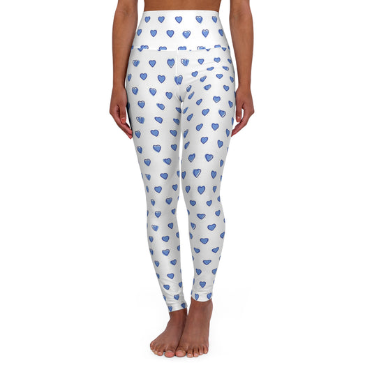 Blue Heart High-Waist Yoga Leggings — Cute Watercolor Heart Print AOP